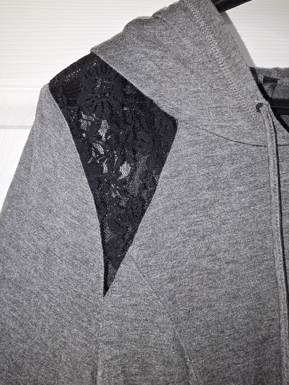 Gray Hooded Sweatshirt Dress Tunic with Lace Accents - Picture 6 of 10